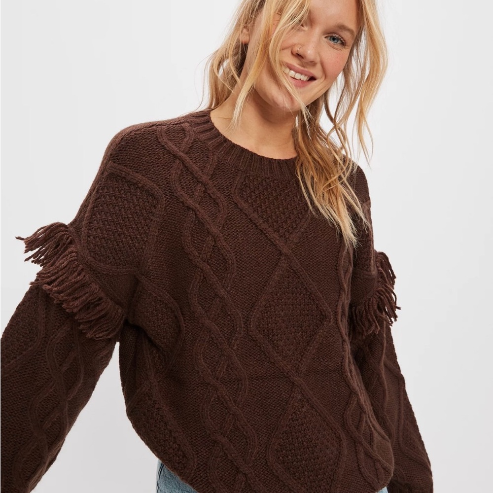 AE Fringe Sleeve Cable Knit Sweater NWT